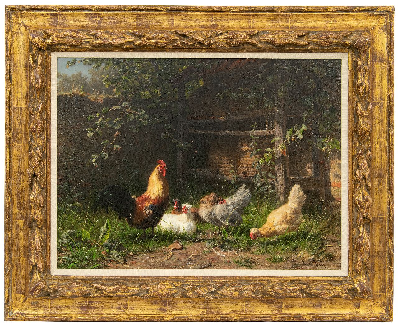 Jutz C.  | Carl Jutz | Schilderijen te koop aangeboden | Haan en kippen bij bijenkorven, olieverf op doek 43,0 x 58,0 cm, gesigneerd rechtsonder