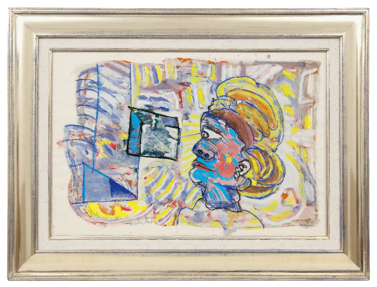 Lucebert (Lubertus Jacobus Swaanswijk)   | Lucebert (Lubertus Jacobus Swaanswijk) | Aquarellen en tekeningen te koop aangeboden | Het hoofd, krijt en gouache op papier 52,0 x 77,5 cm, gesigneerd linksonder en gedateerd 'San Roque 18 VII '65'