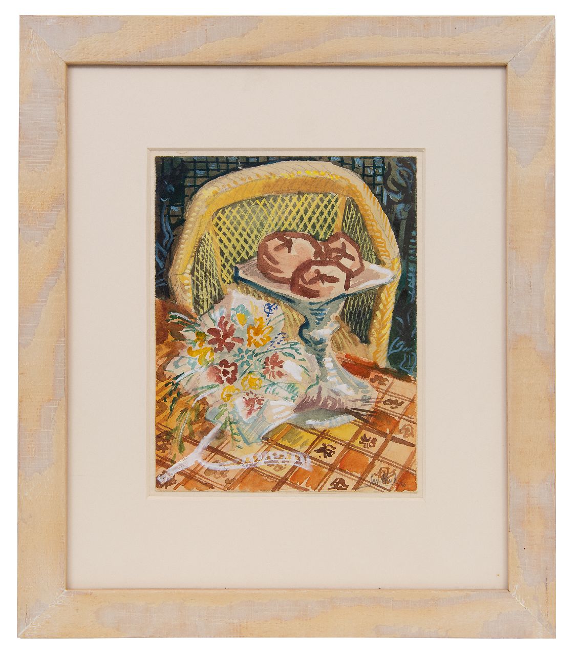 Hul J.M.F.  | Johannes 'Jan' Mathias Franciscus Hul | Aquarellen en tekeningen te koop aangeboden | Stilleven met boeket en schaal met soezen, aquarel op papier 18,7 x 14,6 cm, gesigneerd rechtsonder en gedateerd '46