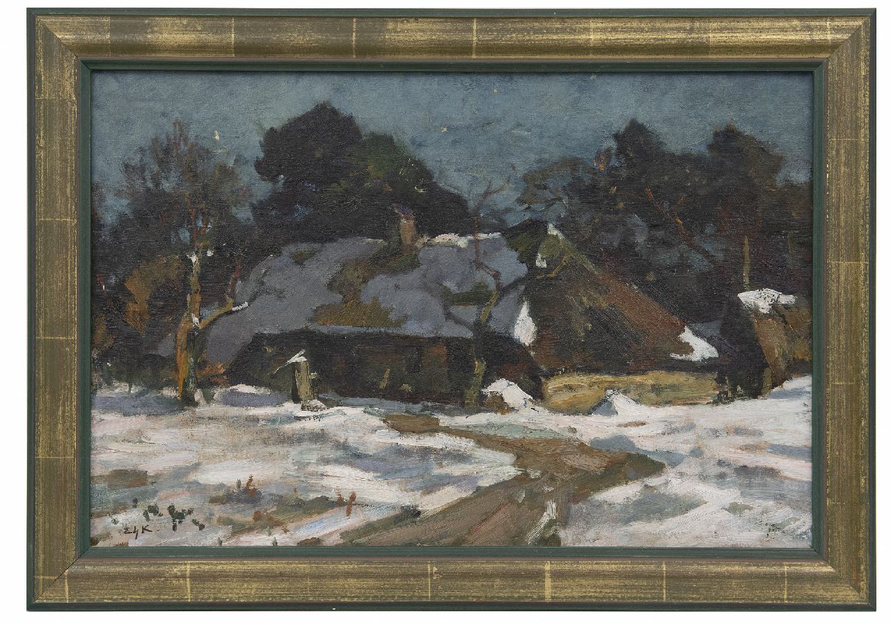 Koning E.W.  | 'Edzard' Willem Koning, Veluwse boerderij in de sneeuw, olieverf op doek 32,2 x 48,3 cm, gesigneerd linksonder met initialen