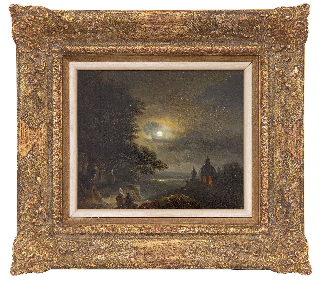 Kuhnen P.L.  | Pierre-Louis Kuhnen | Schilderijen te koop aangeboden | Een jong paar nabij een nachtelijke riviervallei bij volle maan, olieverf op paneel 18,1 x 21,3 cm, gesigneerd linksonder