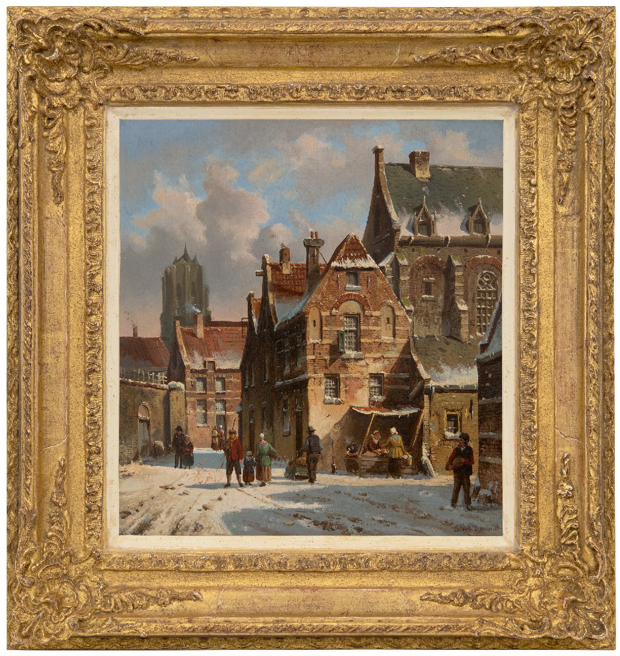 Bommel E.P. van | Elias Pieter van Bommel | Schilderijen te koop aangeboden | Hollands stadsgezicht in de winter, olieverf op paneel 31,7 x 29,0 cm, gesigneerd rechtsonder