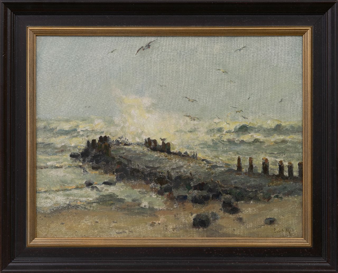 Moll E.  | Evert Moll | Schilderijen te koop aangeboden | Golfbreker in een storm, olieverf op doek 39,0 x 51,4 cm, gesigneerd rechtsonder en zonder lijst