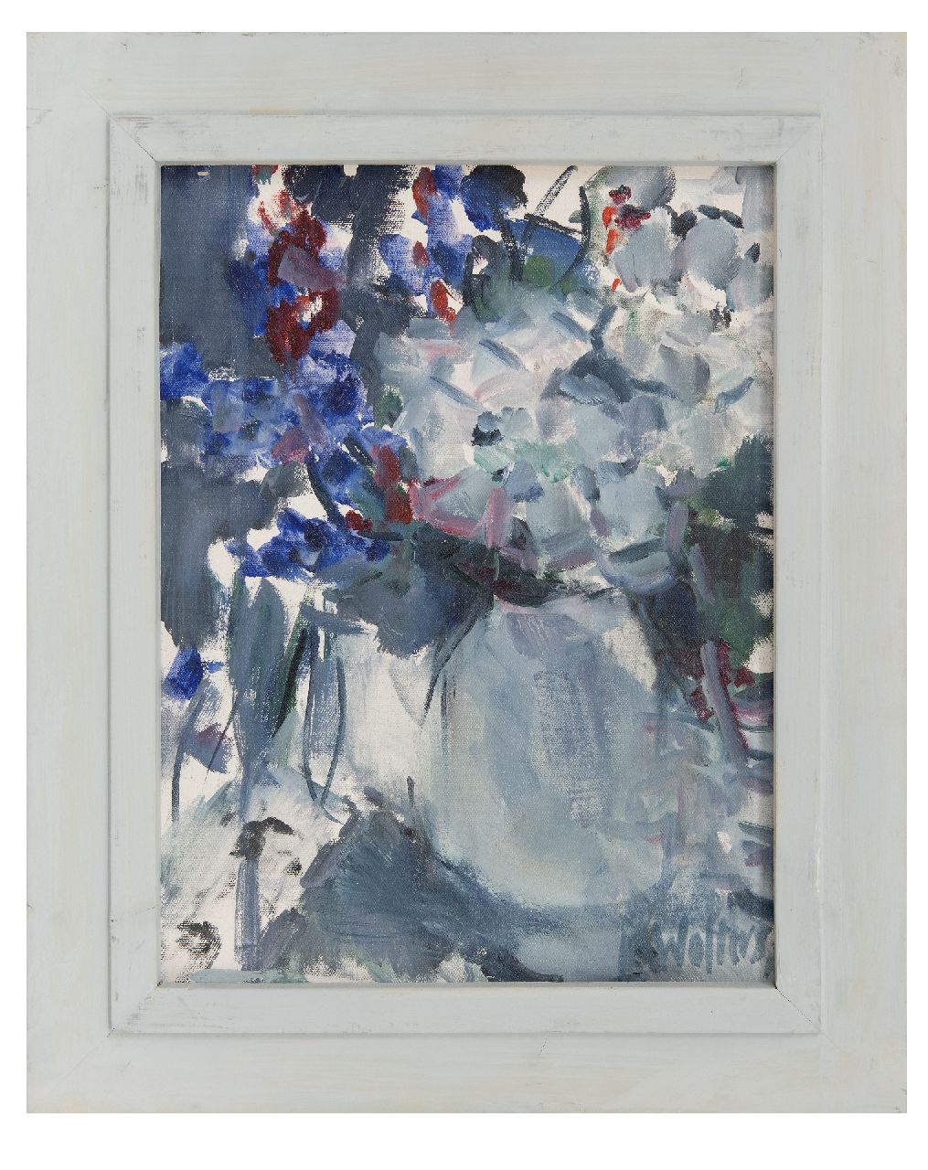 Wolters-Schweitzer M.  | Milène Wolters-Schweitzer | Schilderijen te koop aangeboden | Stilleven van bloemen in een vaas, olieverf op doek 39,8 x 29,9 cm, gesigneerd rechtsonder en op spieraam en op spieraam gedateerd 2014