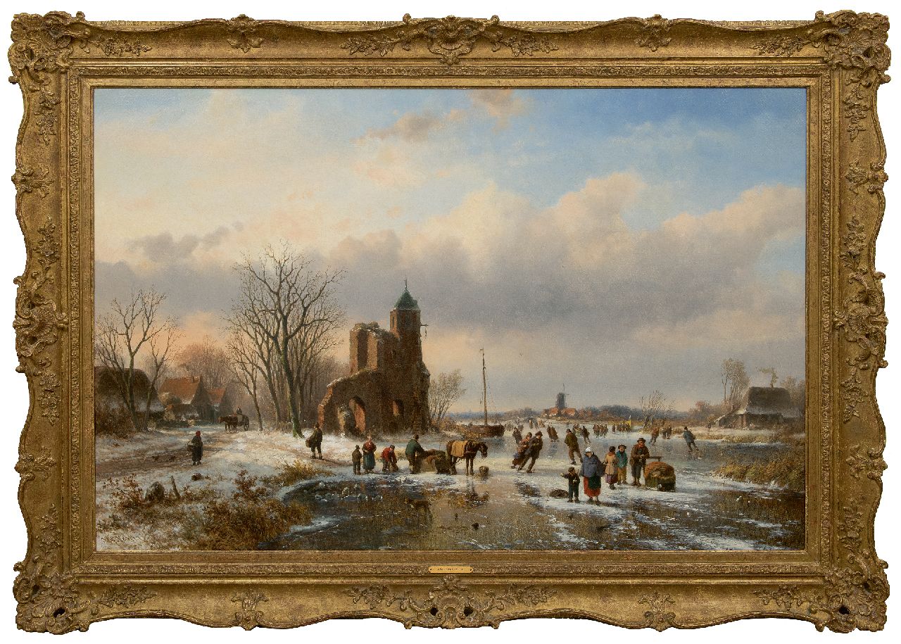 Vester W.  | Willem Vester, Schaatsers op het ijs bij een kasteelruïne, olieverf op doek 82,1 x 124,8 cm, gesigneerd linksonder