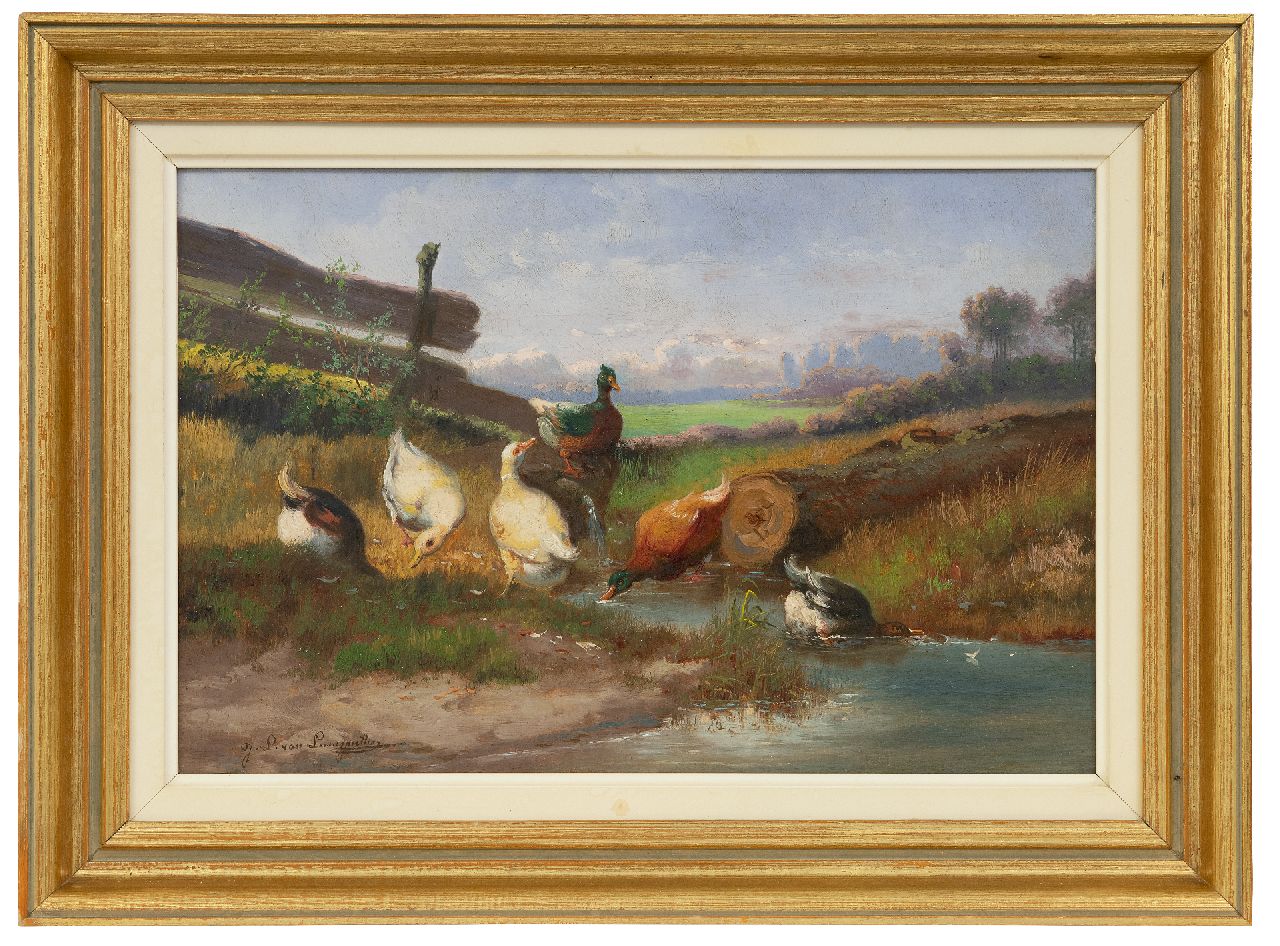 Leemputten J.L. van | Jef Louis van Leemputten | Schilderijen te koop aangeboden | Eenden aan het water, olieverf op doek 24,0 x 36,5 cm, gesigneerd linksonder