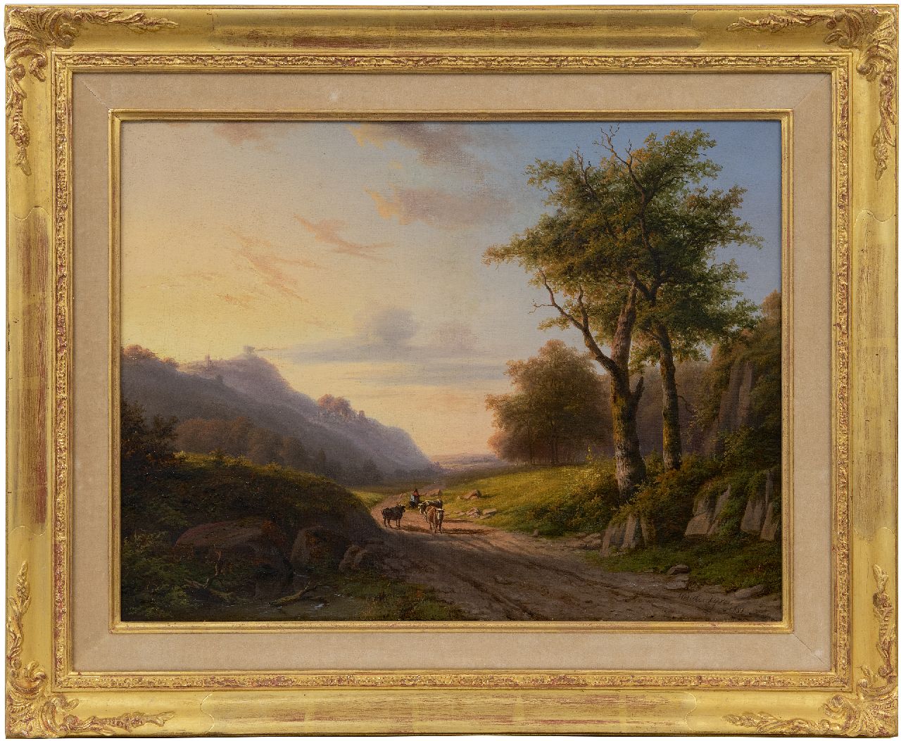 Vijver W.S.P. van der | Willem Simon Petrus van der Vijver | Schilderijen te koop aangeboden | Heuvellandschap met herder in de namiddag   (alleen tezamen met pendant), olieverf op doek 39,6 x 52,5 cm, gesigneerd rechtsonder en gedateerd 1851, zonder lijst