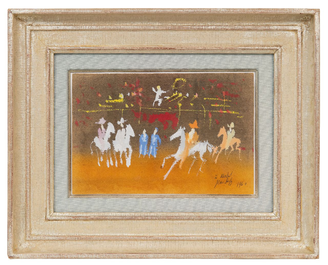 Dufy J.  | Jean Dufy | Aquarellen en tekeningen te koop aangeboden | Parade mexicaine, gouache op papier 13,7 x 20,5 cm, gesigneerd rechtsonder en gedateerd 1960