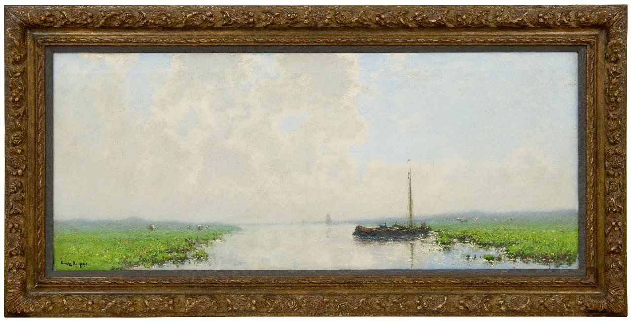 Kuijpers C.  | Cornelis Kuijpers | Schilderijen te koop aangeboden | Afgemeerde schuit in weids rivierlandschap, olieverf op doek 45,7 x 108,6 cm, gesigneerd linksonder