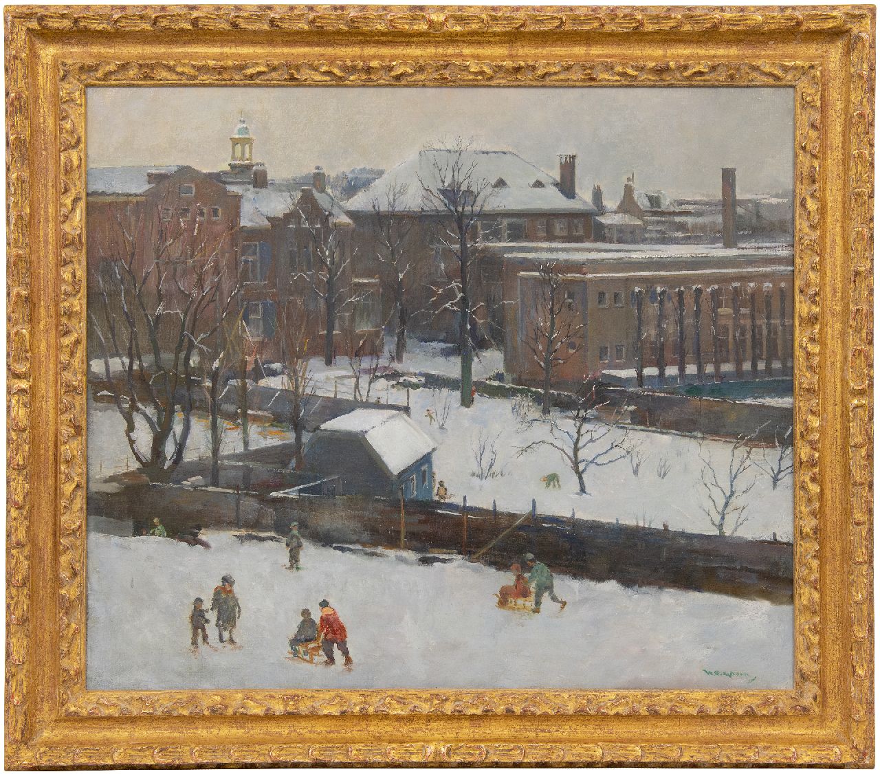 Groen H.P.  | Hendrik Pieter 'Piet' Groen | Schilderijen te koop aangeboden | Spelende kinderen in de sneeuw, Schiedam i.o., olieverf op doek 60,5 x 70,3 cm, gesigneerd rechtsonder