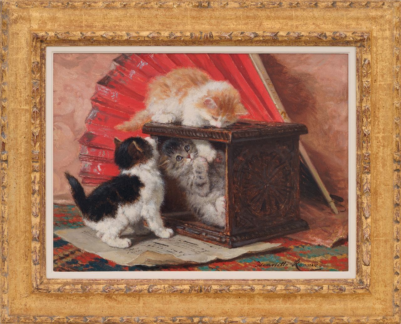 Ronner-Knip H.  | Henriette Ronner-Knip, Stilleven met drie spelende kittens, olieverf op paneel 33,3 x 44,7 cm, gesigneerd rechtsonder