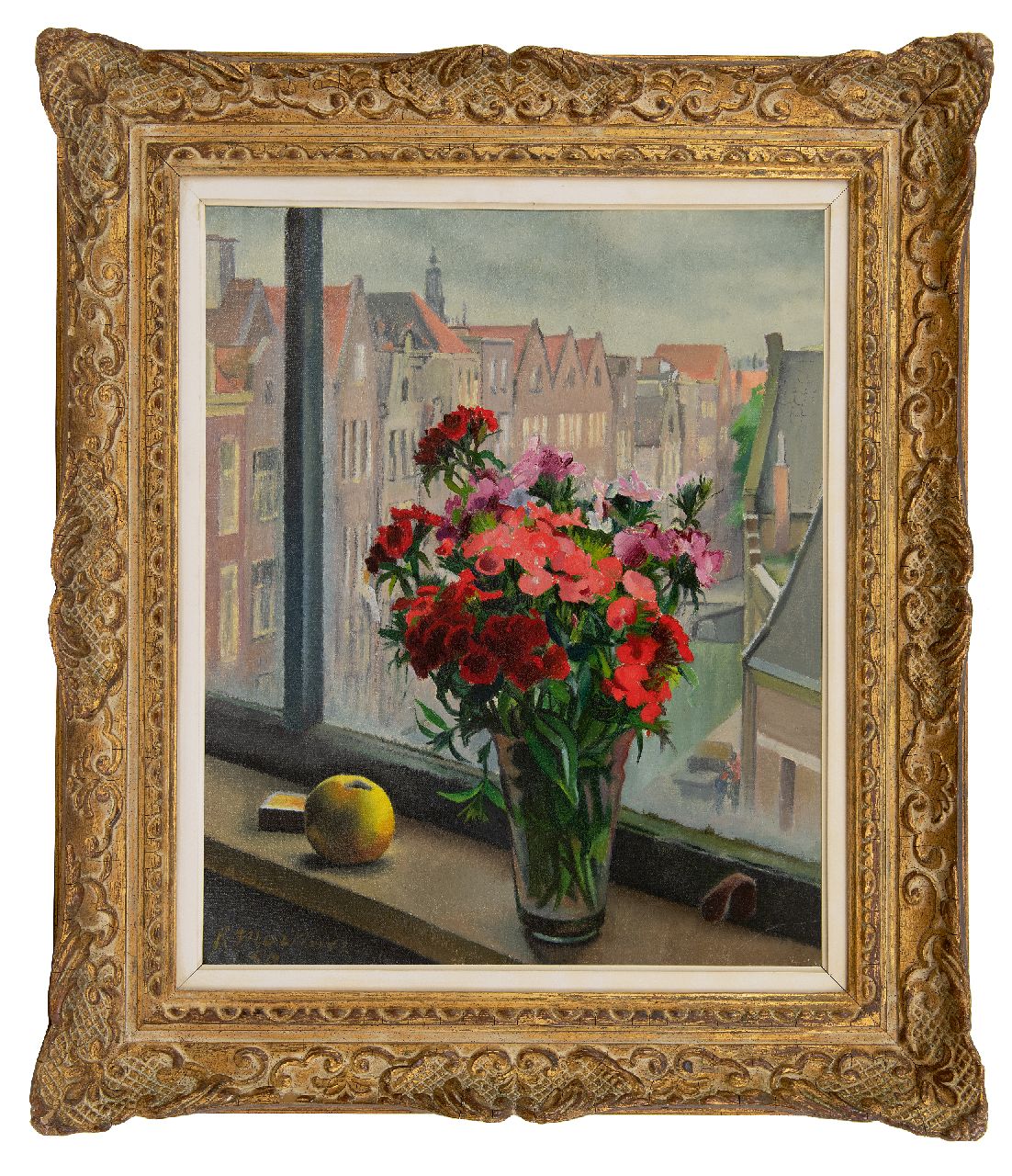 Martinez R.  | Raoul Martinez | Schilderijen te koop aangeboden | Bloemstilleven op een vensterbank in Amsterdam, olieverf op doek 55,6 x 46,4 cm, gesigneerd linksonder en gedateerd '50