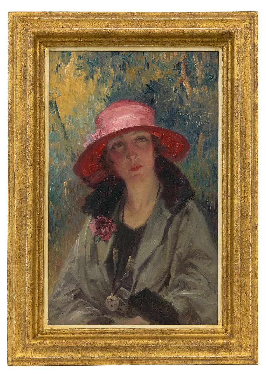 Livemont H.P.A.T.  | Henri 'Privat' Antoine Théodore Livemont, Vrouw met roze hoed, olieverf op paneel 34,3 x 21,7 cm, gesigneerd rechtsboven en gedateerd 8-5-1921