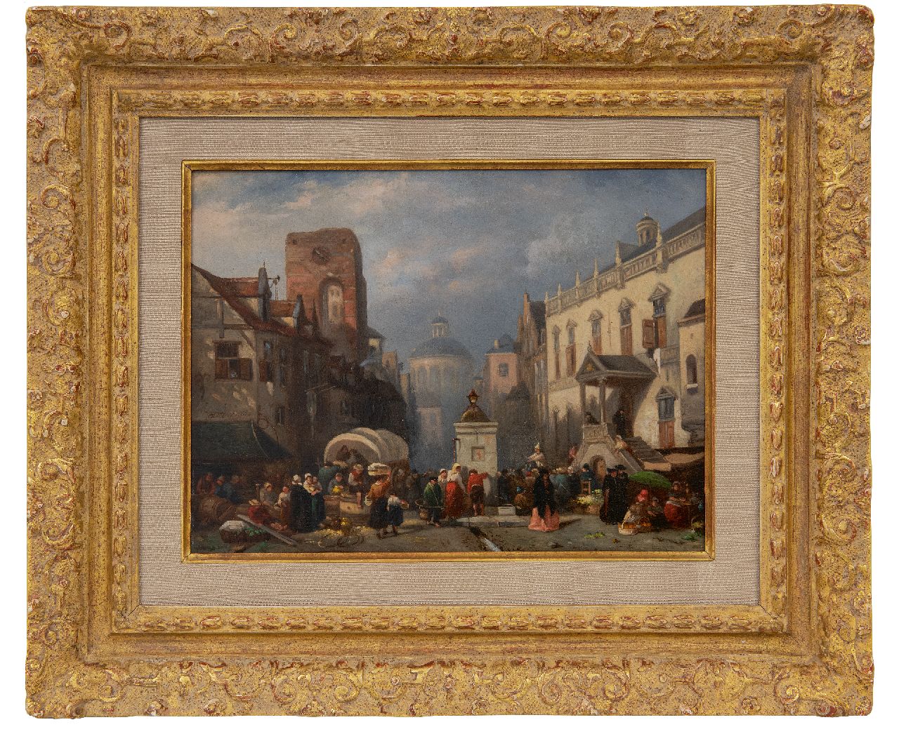 Heun W.M. van | Willem Maxiliaan van Heun | Schilderijen te koop aangeboden | Een drukke dag op de markt, olieverf op paneel 20,6 x 27,8 cm, gesigneerd links van het midden en gedateerd 1860, zonder lijst