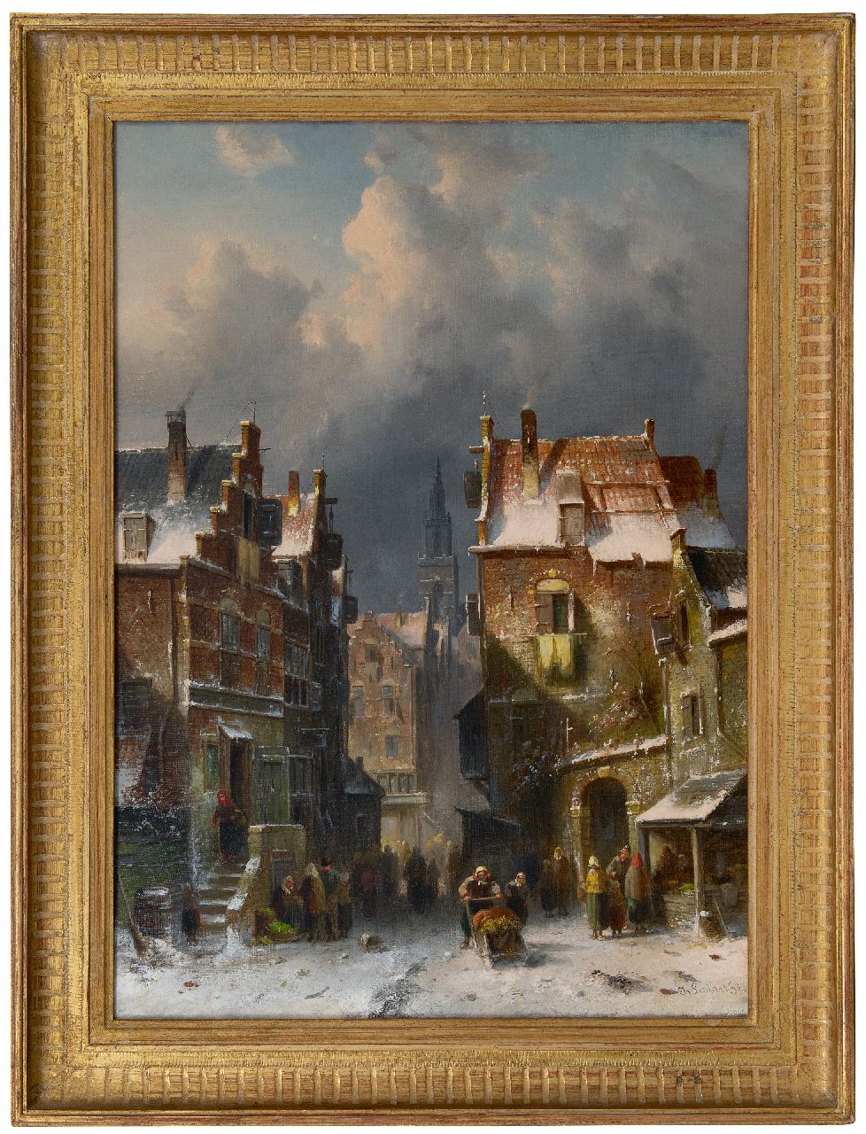 Leickert C.H.J.  | 'Charles' Henri Joseph Leickert | Schilderijen te koop aangeboden | Drukbevolkt straatje in de sneeuw, olieverf op doek 72,7 x 52,0 cm, gesigneerd rechtsonder en gedateerd '88, zonder lijst