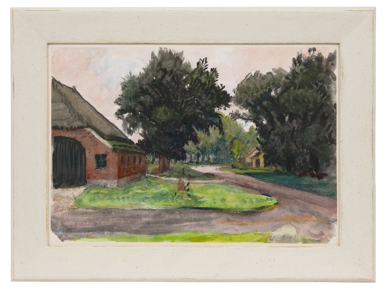 Vries J. de | Jannes de Vries | Aquarellen en tekeningen te koop aangeboden | Boerenerf in Drenthe, pen en inkt en aquarel op papier 41,6 x 60,1 cm, gesigneerd linksonder en gedateerd 1980