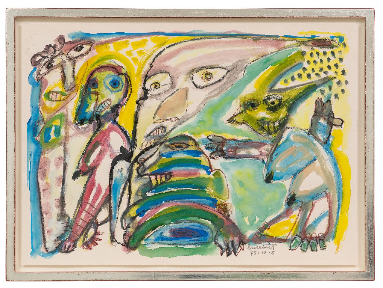 Lucebert (Lubertus Jacobus Swaanswijk)   | Lucebert (Lubertus Jacobus Swaanswijk) | Aquarellen en tekeningen te koop aangeboden | Zonder titel, gouache op papier 49,7 x 56,6 cm, gesigneerd rechtsonder en gedateerd 75. IX. 5