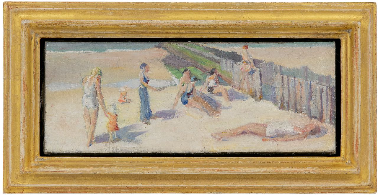 Kat E. de | Ewoud de Kat | Schilderijen te koop aangeboden | Zonnebaden op het strand, Zeeland, olieverf op doek 13,5 x 35,3 cm, niet ingelijst