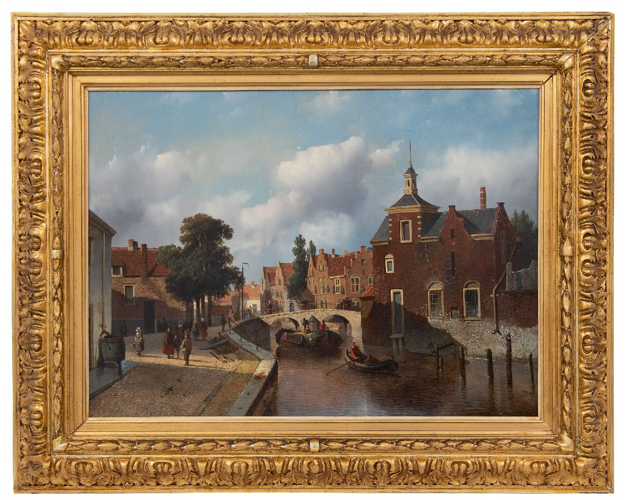 Vrolijk J.A.  | Jacobus 'Adriaan' Vrolijk | Schilderijen te koop aangeboden | Hollandse stadsgracht met scheepvaart en figuren, olieverf op paneel 38,6 x 52,4 cm, gesigneerd rechtsonder