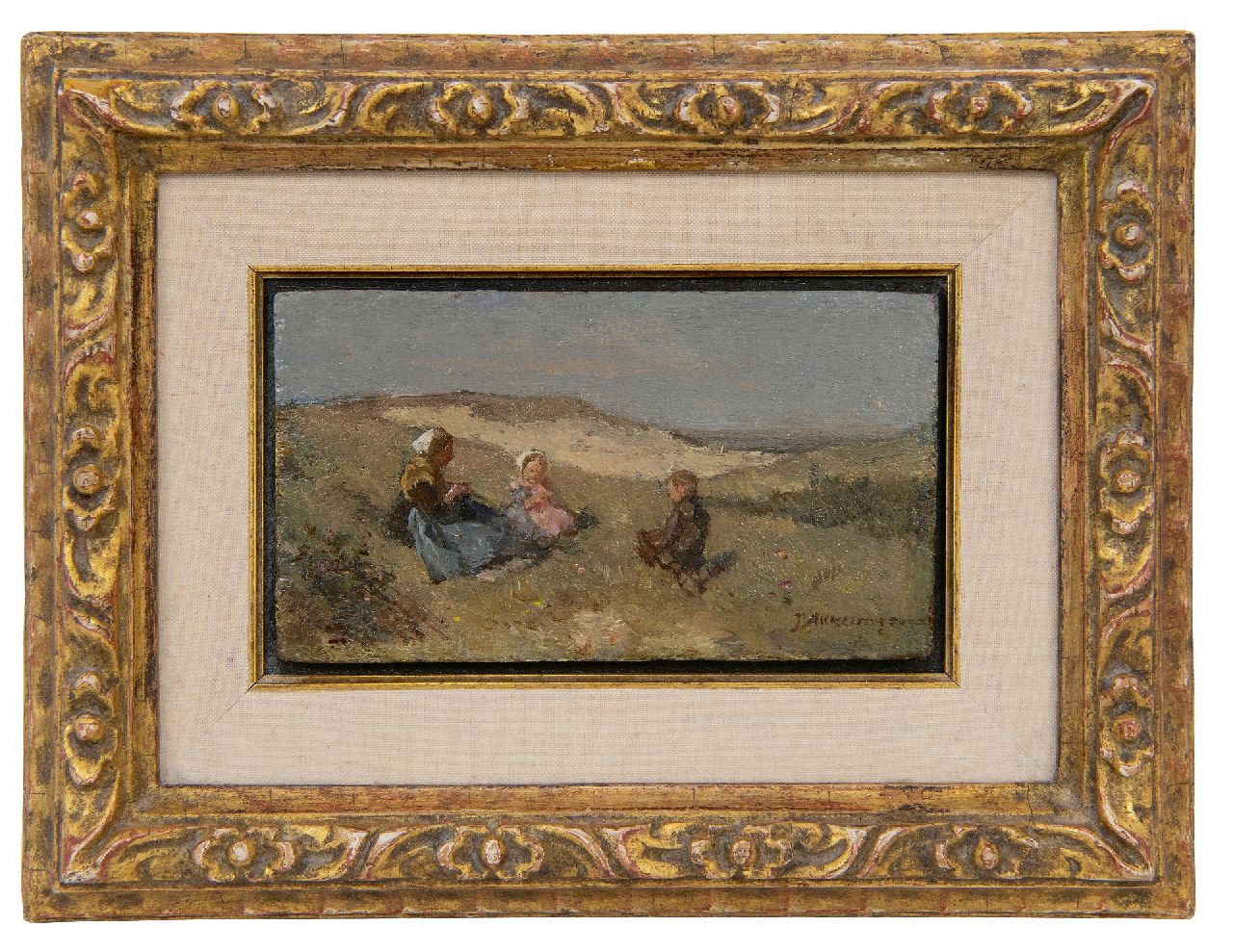 Akkeringa J.E.H.  | 'Johannes Evert' Hendrik Akkeringa, Vissersvrouw met twee kinderen in de duinen, olieverf op paneel 7,5 x 12,6 cm, gesigneerd rechtsonder