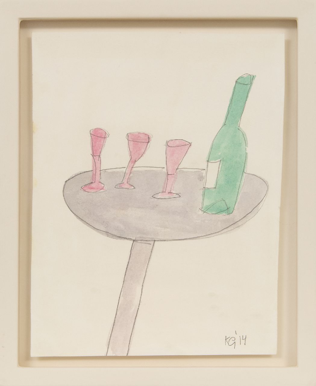 Gubbels K.  | Klaas Gubbels | Aquarellen en tekeningen te koop aangeboden | Glazen en fles op een tafel, potlood en aquarel op papier 26,5 x 21,0 cm, gesigneerd rechtsonder met initialen en gedateerd '14