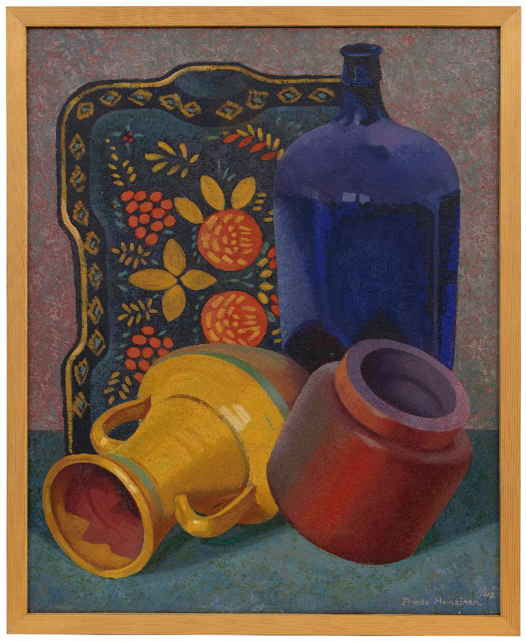 Hunziker F.  | Frieda Hunziker, Stilleven met blauwe fles, olieverf op doek 55,6 x 45,4 cm, gesigneerd rechtsonder en gedateerd 1/42