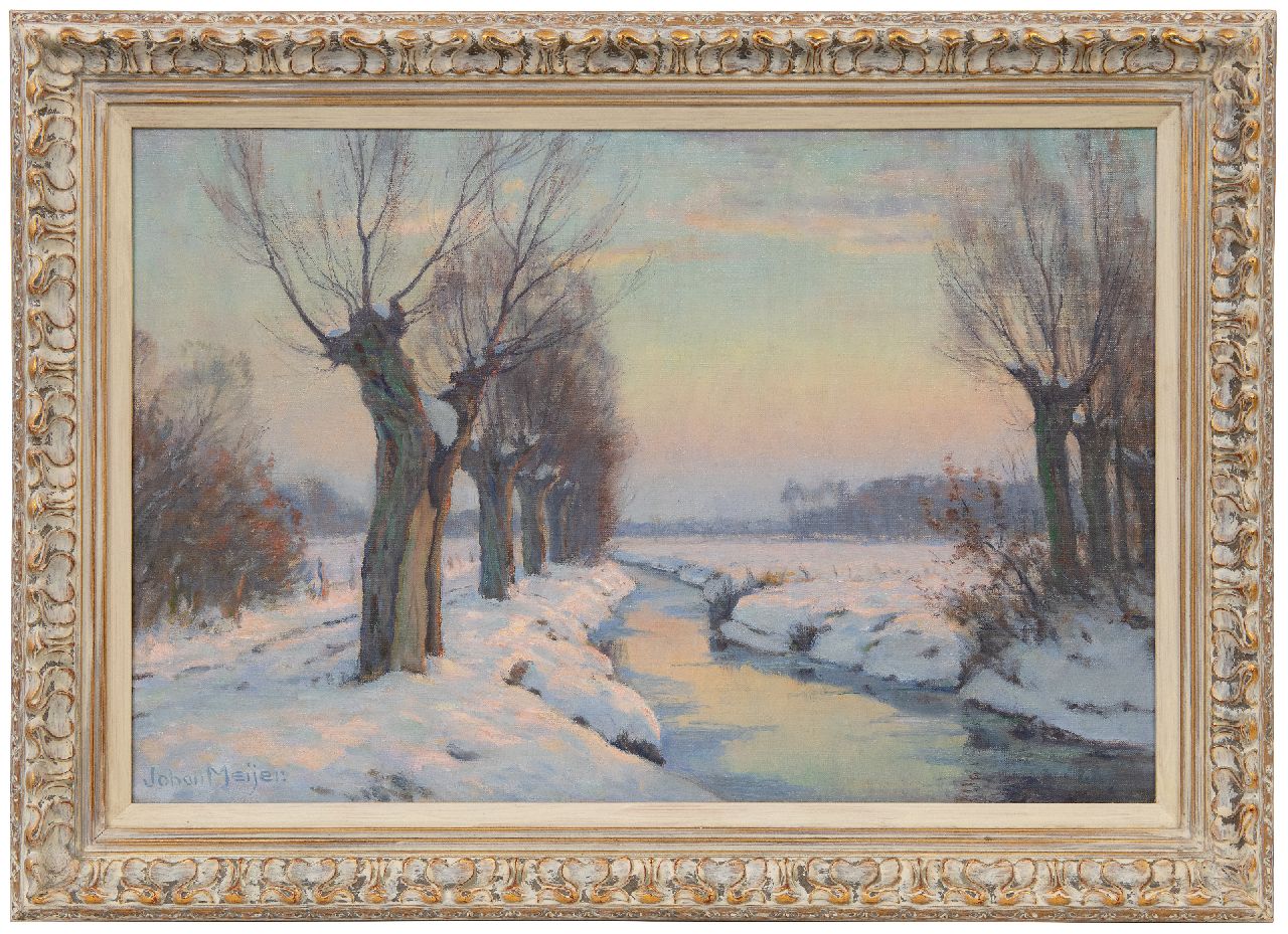 Meijer J.  | Johannes 'Johan' Meijer | Schilderijen te koop aangeboden | Sneeuwlandschap bij zonsopgang, olieverf op doek 40,5 x 59,5 cm, gesigneerd linksonder