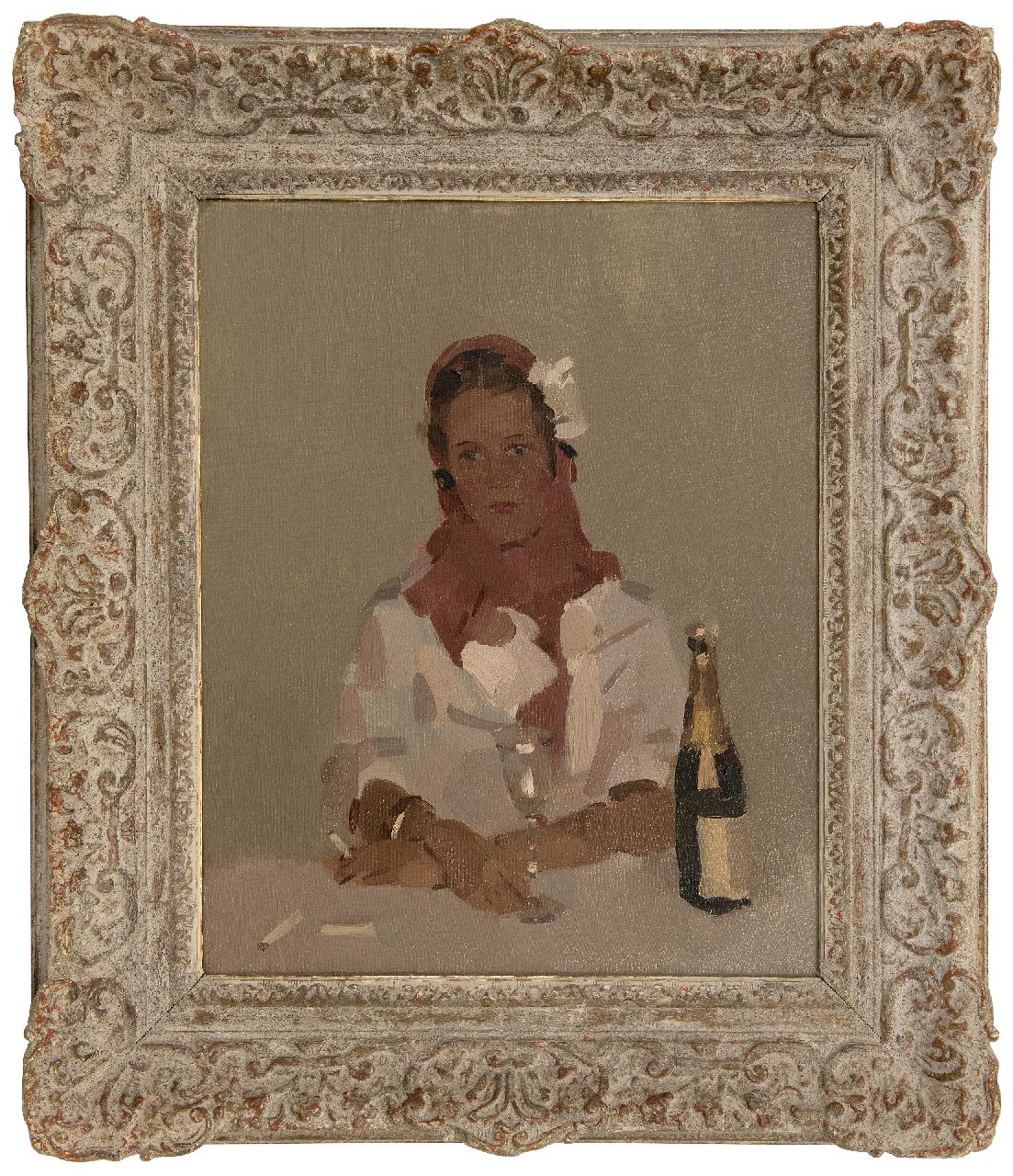 Verdonk F.W.  | Frederik Willem 'Frits' Verdonk | Schilderijen te koop aangeboden | Vrouw met sigaret en champagnefles, olieverf op doek 50,2 x 40,1 cm