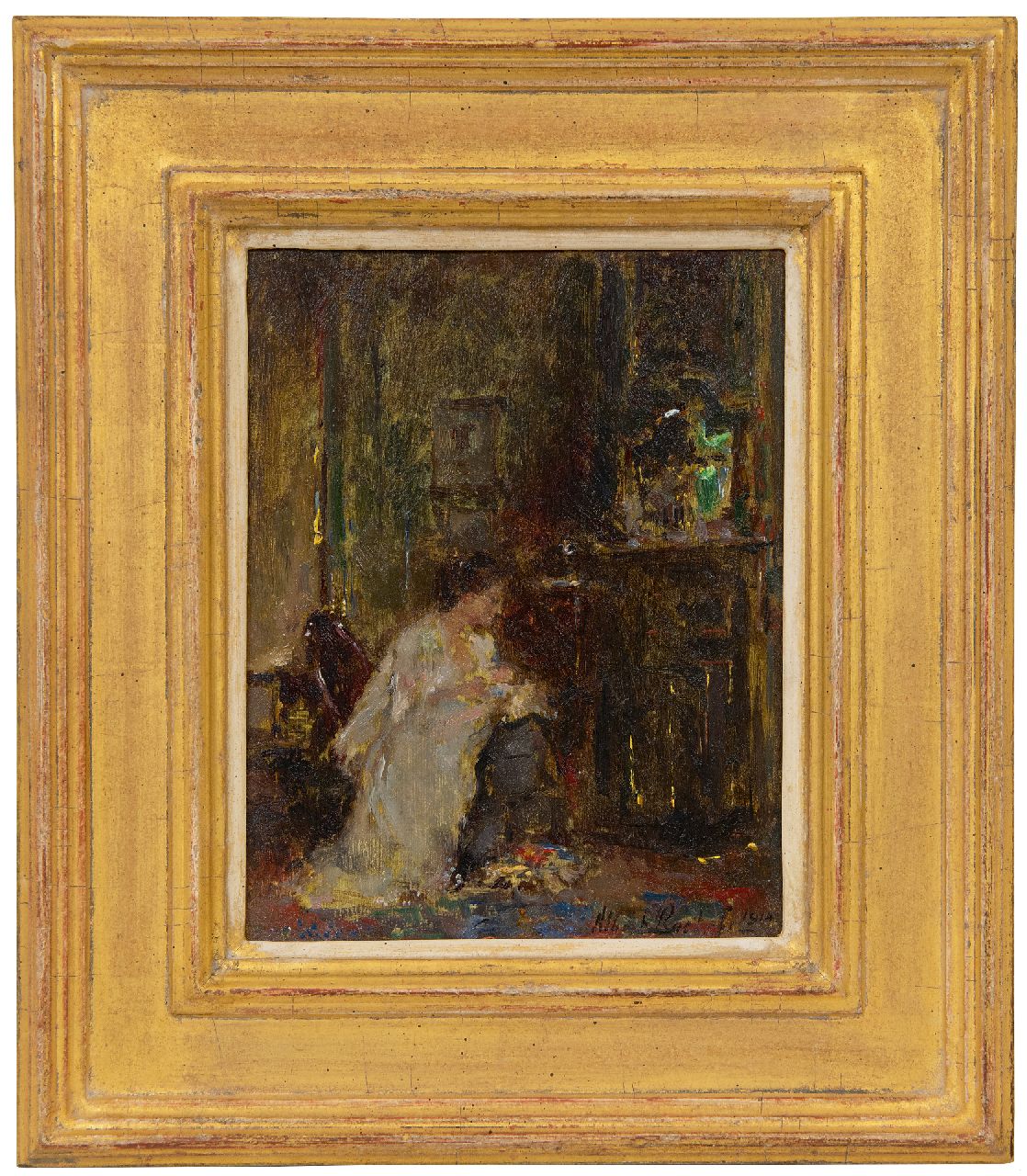 Roelofs O.W.A.  | Otto Willem Albertus 'Albert' Roelofs | Schilderijen te koop aangeboden | Vrouw in een interieur, olieverf op paneel 17,8 x 13,8 cm, gesigneerd rechtsonder en gedateerd 1914