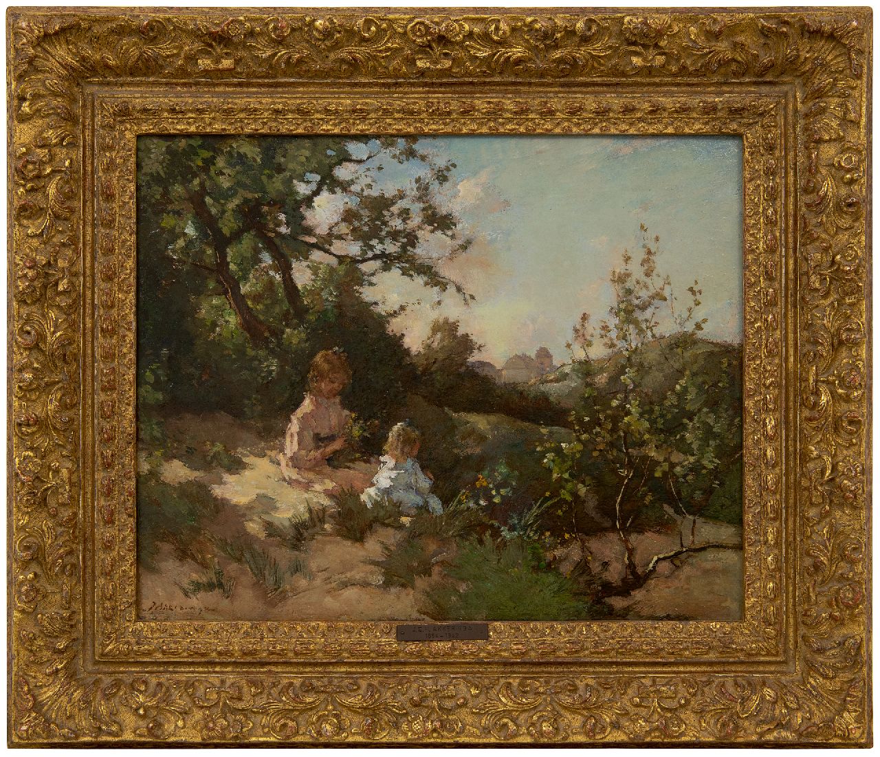 Akkeringa J.E.H.  | 'Johannes Evert' Hendrik Akkeringa | Schilderijen te koop aangeboden | Kinderen bloemen plukkend in de duinen, olieverf op paneel 31,9 x 39,4 cm, gesigneerd linksonder