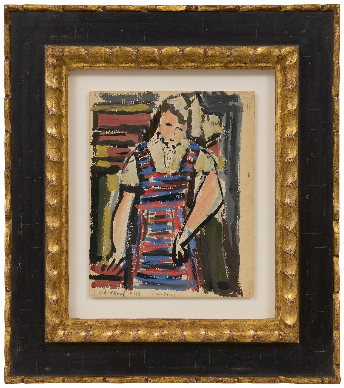 Appel C.K.  | Christiaan 'Karel' Appel | Aquarellen en tekeningen te koop aangeboden | Jonge vrouw in gestreepte jurk, gouache op papier 24,8 x 19,9 cm, gesigneerd linksonder en gedateerd 1943