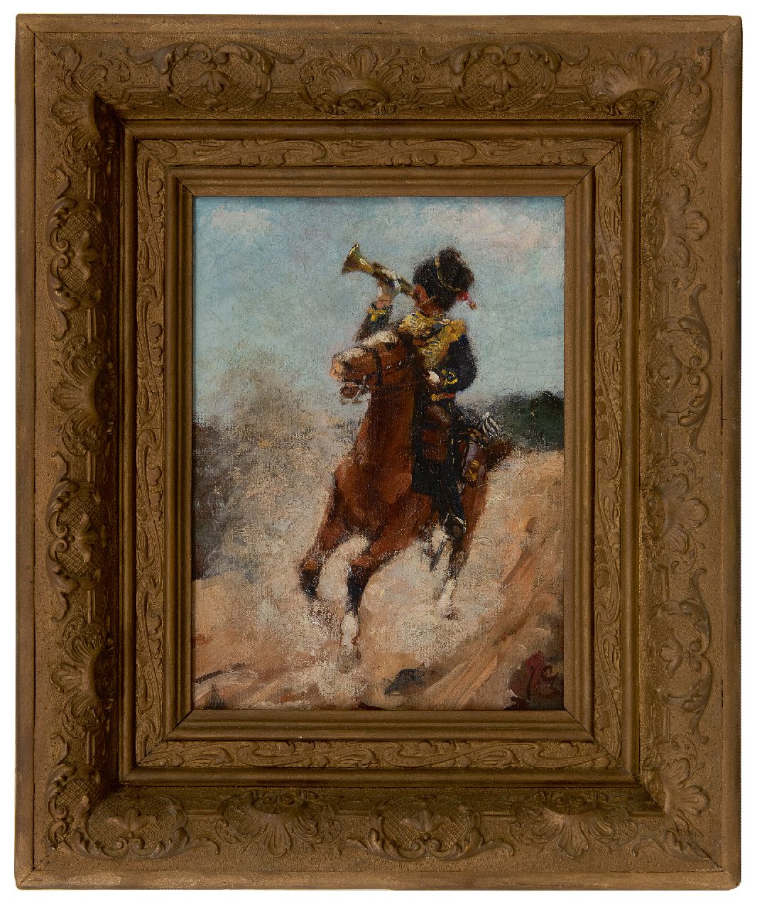 Geerlings J.H.  | Jacob Hendrik Geerlings, Gele rijder met trompet, olieverf op doek 32,1 x 22,9 cm, gesigneerd rechtsonder met initialen