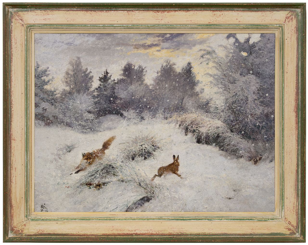 Poortvliet R.  | Rien Poortvliet, Jagende vos in sneeuwlandschap, olieverf op doek 60,4 x 79,9 cm, gesigneerd linksonder en zonder lijst