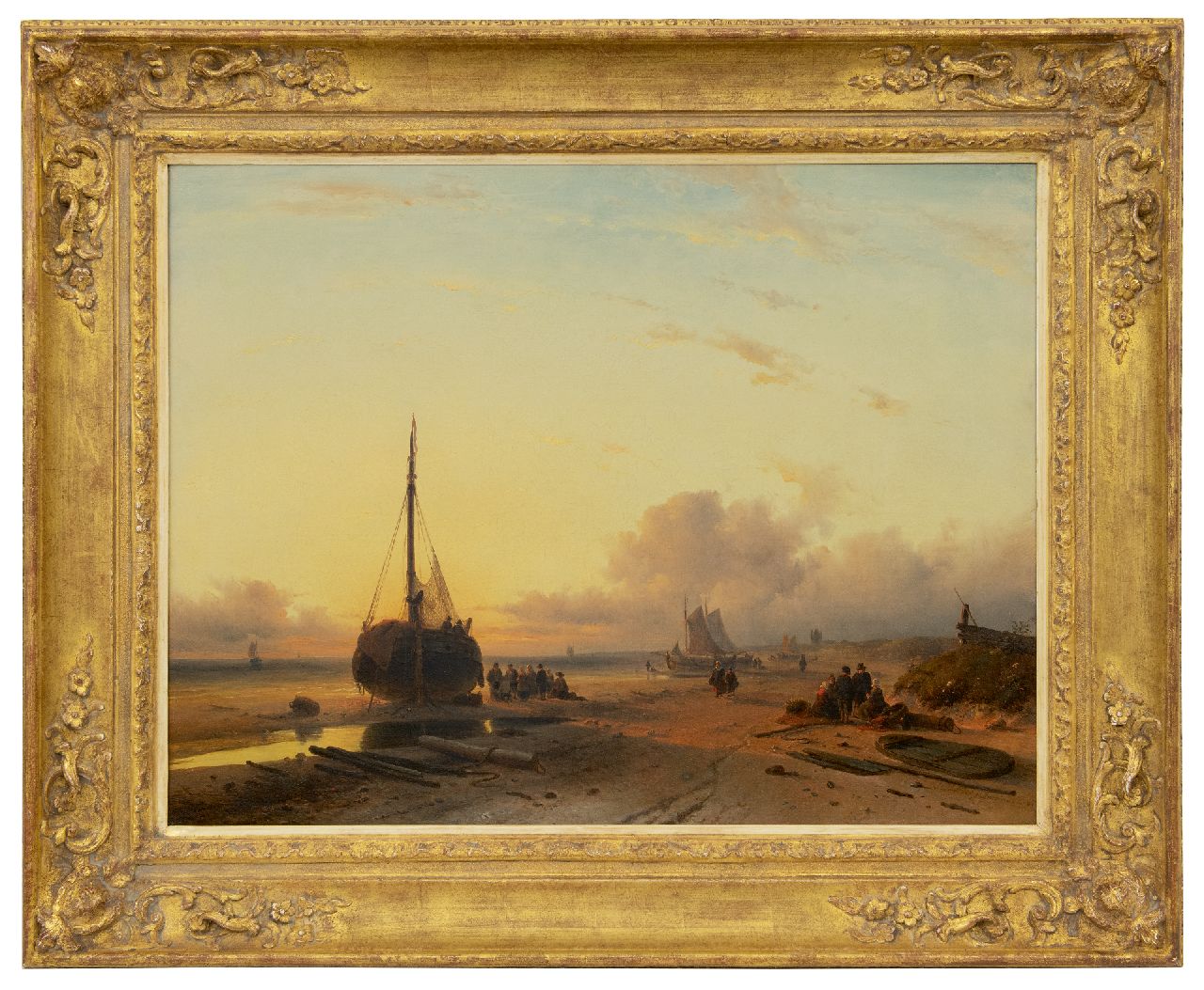 Leickert C.H.J.  | 'Charles' Henri Joseph Leickert | Schilderijen te koop aangeboden | Bomschuiten op het strand bij ondergaande zon, olieverf op doek 58,0 x 75,0 cm, gesigneerd rechtsonder en gedateerd 'London' 1845