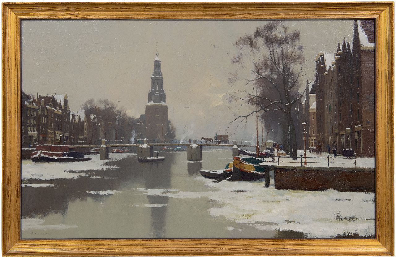 Ligtelijn E.J.  | Evert Jan Ligtelijn, Winters gezicht op de Montelbaanstoren in Amsterdam, olieverf op doek 56,8 x 90,6 cm, gesigneerd linksonder