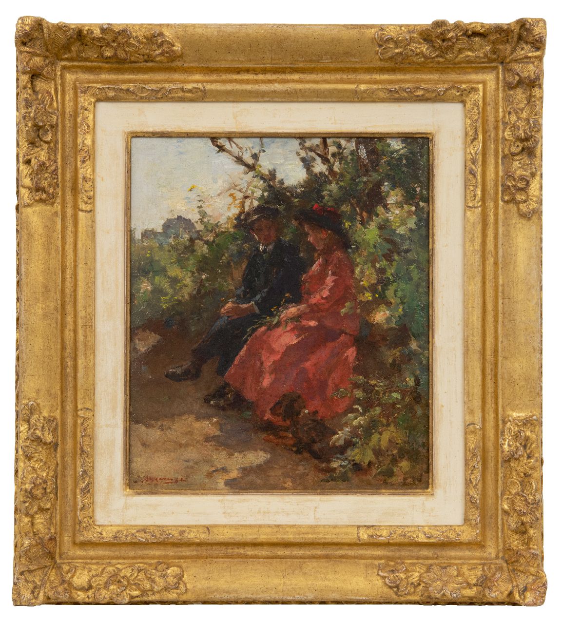 Akkeringa J.E.H.  | 'Johannes Evert' Hendrik Akkeringa | Schilderijen te koop aangeboden | Vrijage in de Scheveningse duinen nabij Paviljoen Von Wied, olieverf op paneel 28,5 x 24,4 cm, gesigneerd linksonder