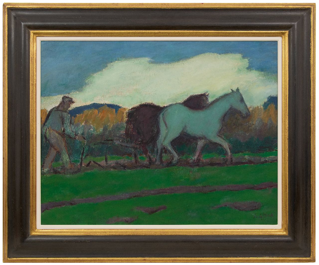 Altink J.  | Jan Altink | Schilderijen te koop aangeboden | Ploegende boer met paarden, wasverf op doek 55,0 x 70,1 cm, gesigneerd rechtsonder en te dateren ca. 1924-1928