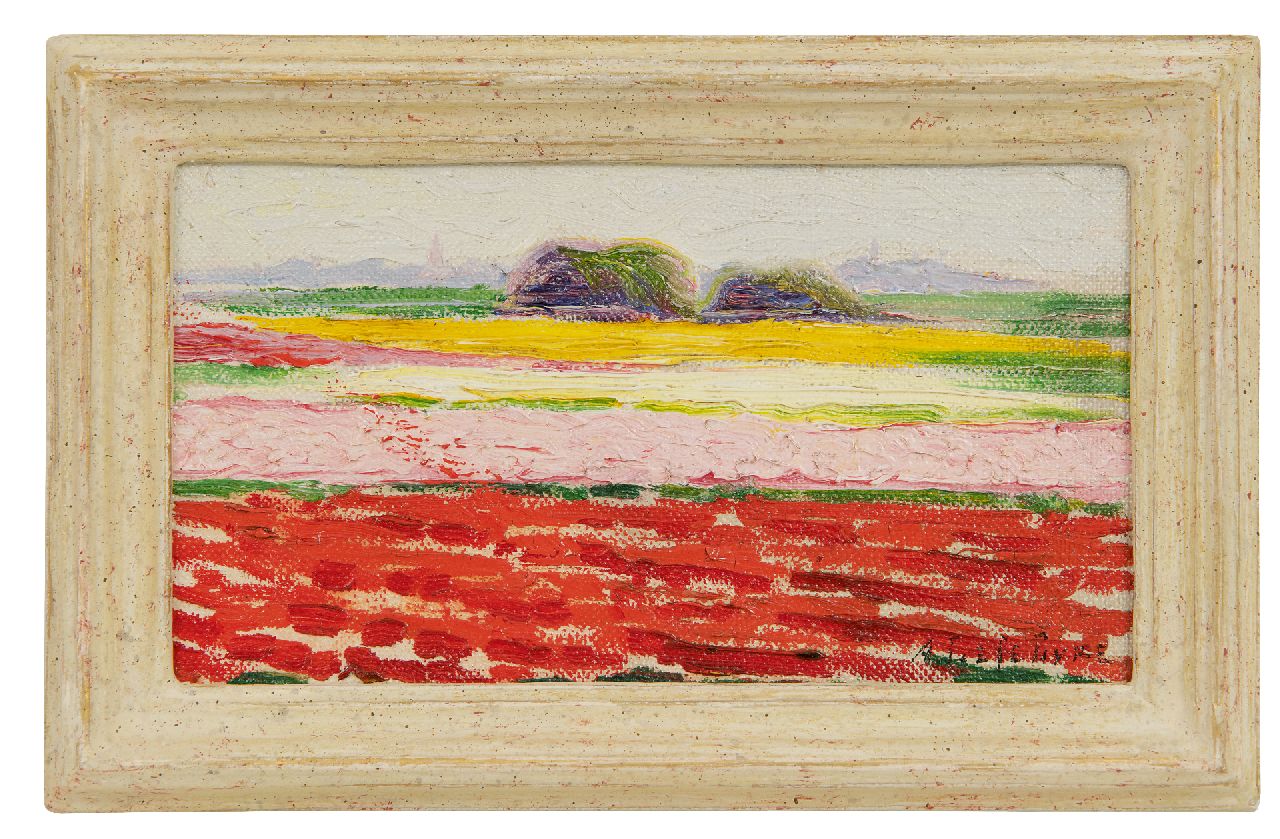 Lefebvre A.  | Albrecht 'Albert' Lefebvre | Schilderijen te koop aangeboden | Bloembollenvelden bij Noordwijk, olieverf op doek op board 10,1 x 17,7 cm, gesigneerd rechtsonder en verso gedateerd 1919