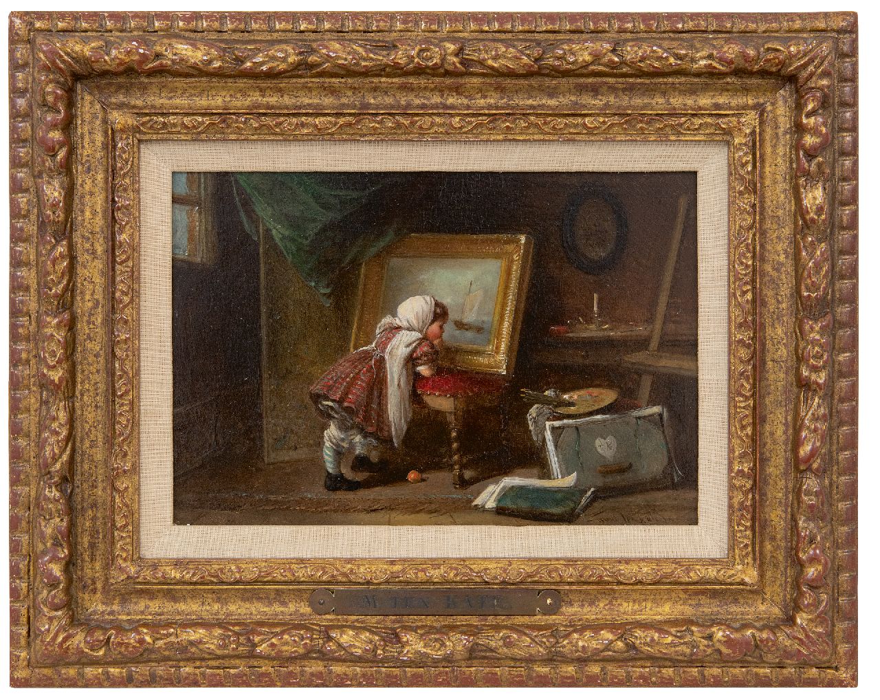 Kate J.M.H. ten | Johan 'Mari' Henri ten Kate, De jonge kunstliefhebster, olieverf op paneel 14,9 x 21,8 cm, gesigneerd rechtsonder en met initialen op de tekenmap
