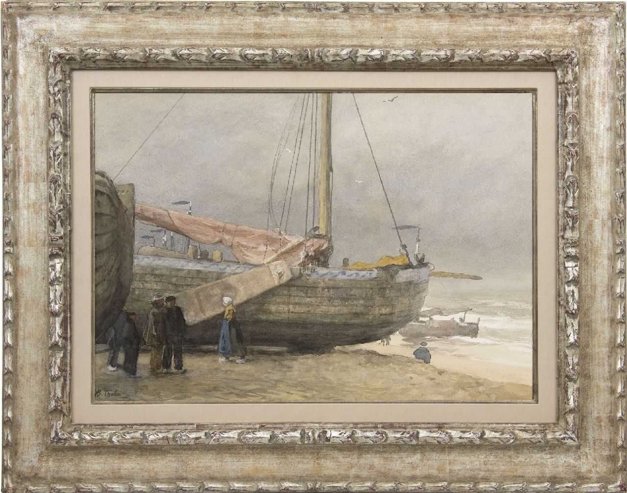 Tholen W.B.  | Willem Bastiaan Tholen | Aquarellen en tekeningen te koop aangeboden | Vissers en bomschuiten op het strand van Scheveningen, aquarel op papier 37,4 x 53,4 cm, gesigneerd linksonder