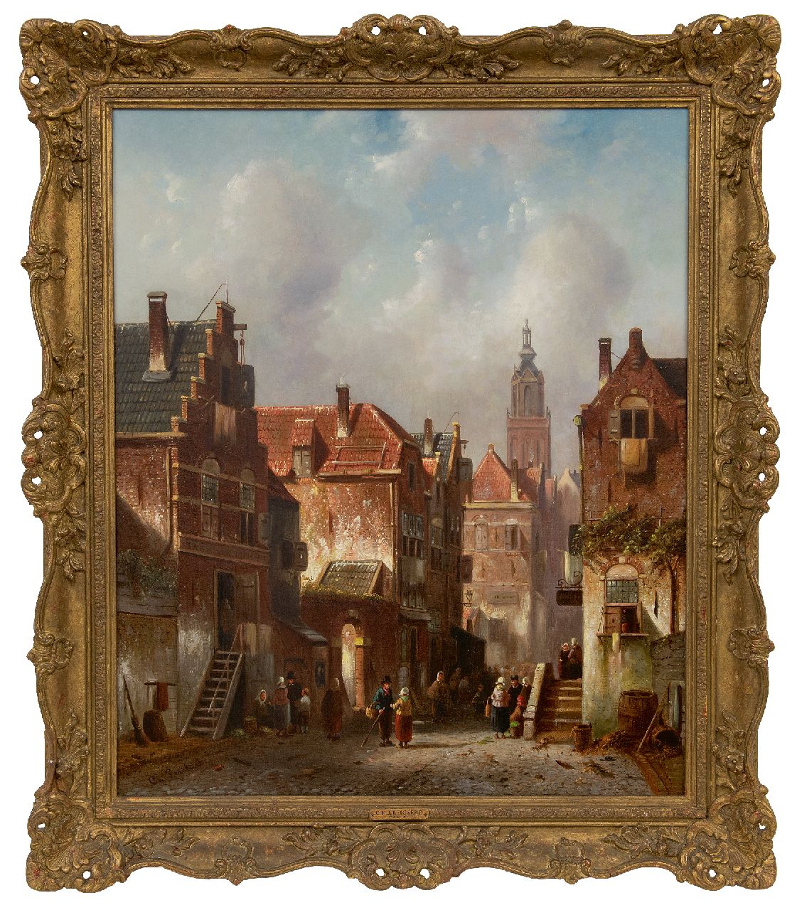 Leickert C.H.J.  | 'Charles' Henri Joseph Leickert | Schilderijen te koop aangeboden | Marktdag in Hollandse stad met links de Bank van Lening, olieverf op doek 59,5 x 49,6 cm, gesigneerd linksonder