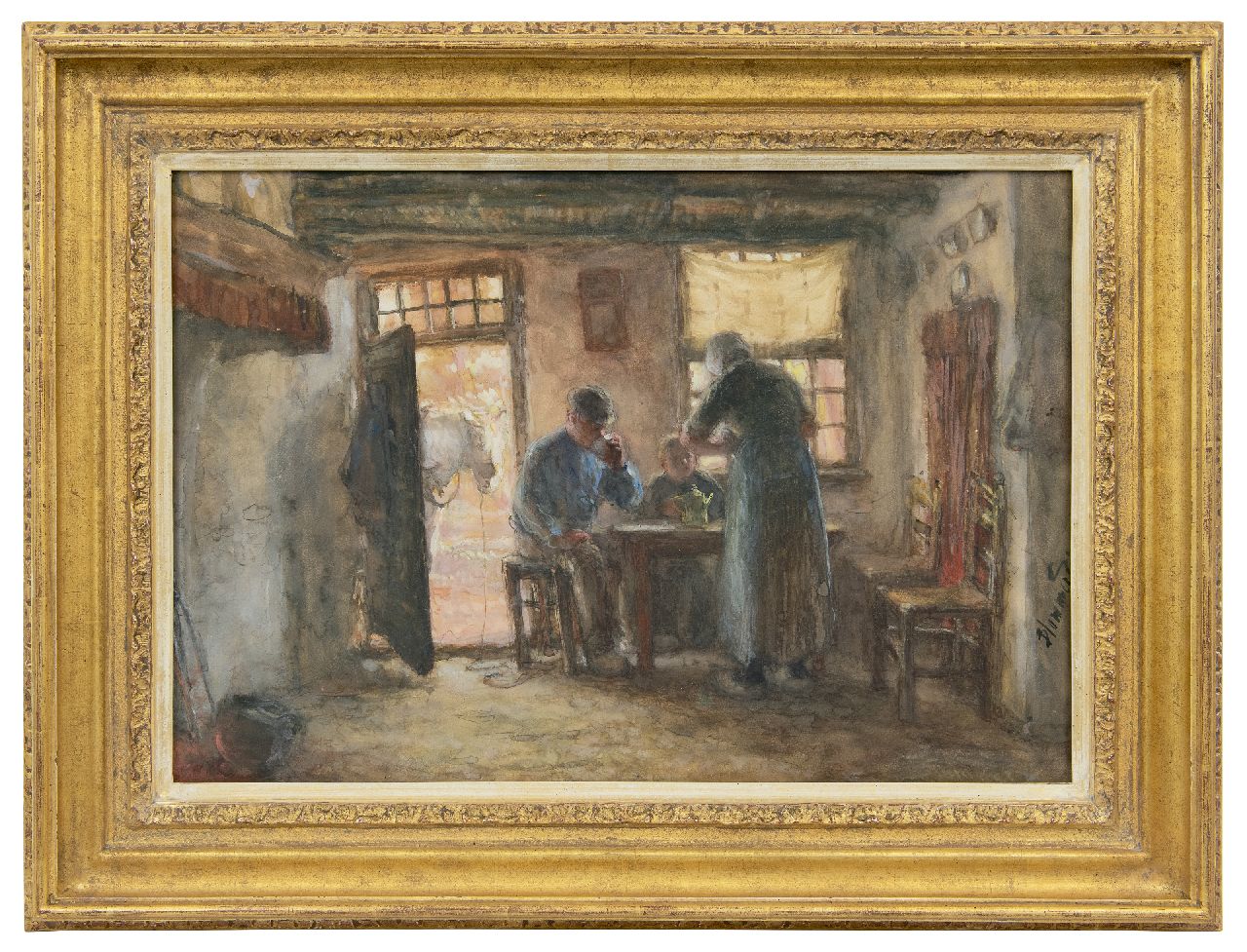 Blommers B.J.  | Bernardus Johannes 'Bernard' Blommers | Aquarellen en tekeningen te koop aangeboden | Het wachtende paard - boerenfamilie rond de tafel, aquarel op papier 37,6 x 54,3 cm, gesigneerd rechtsonder