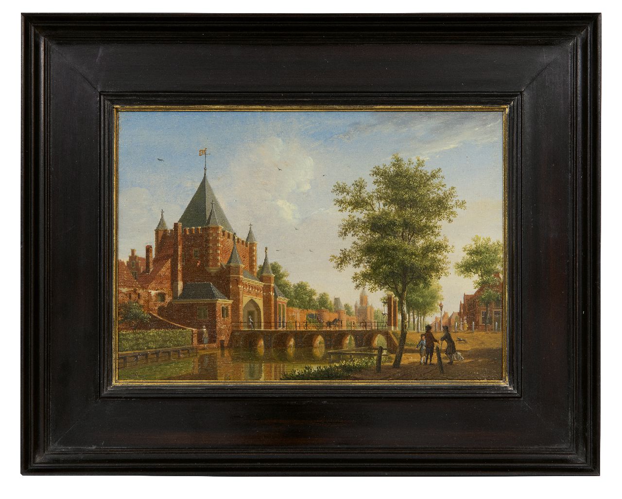 Ouwater I.  | Isaac Ouwater | Schilderijen te koop aangeboden | Gezicht op de Grote Houtpoort in Haarlem (pendant, uitsluitend tezamen), olieverf op paneel 13,8 x 19,6 cm, gesigneerd rechtsonder met monogram en (prijs is per pendant, verkoop alleen tezamen)