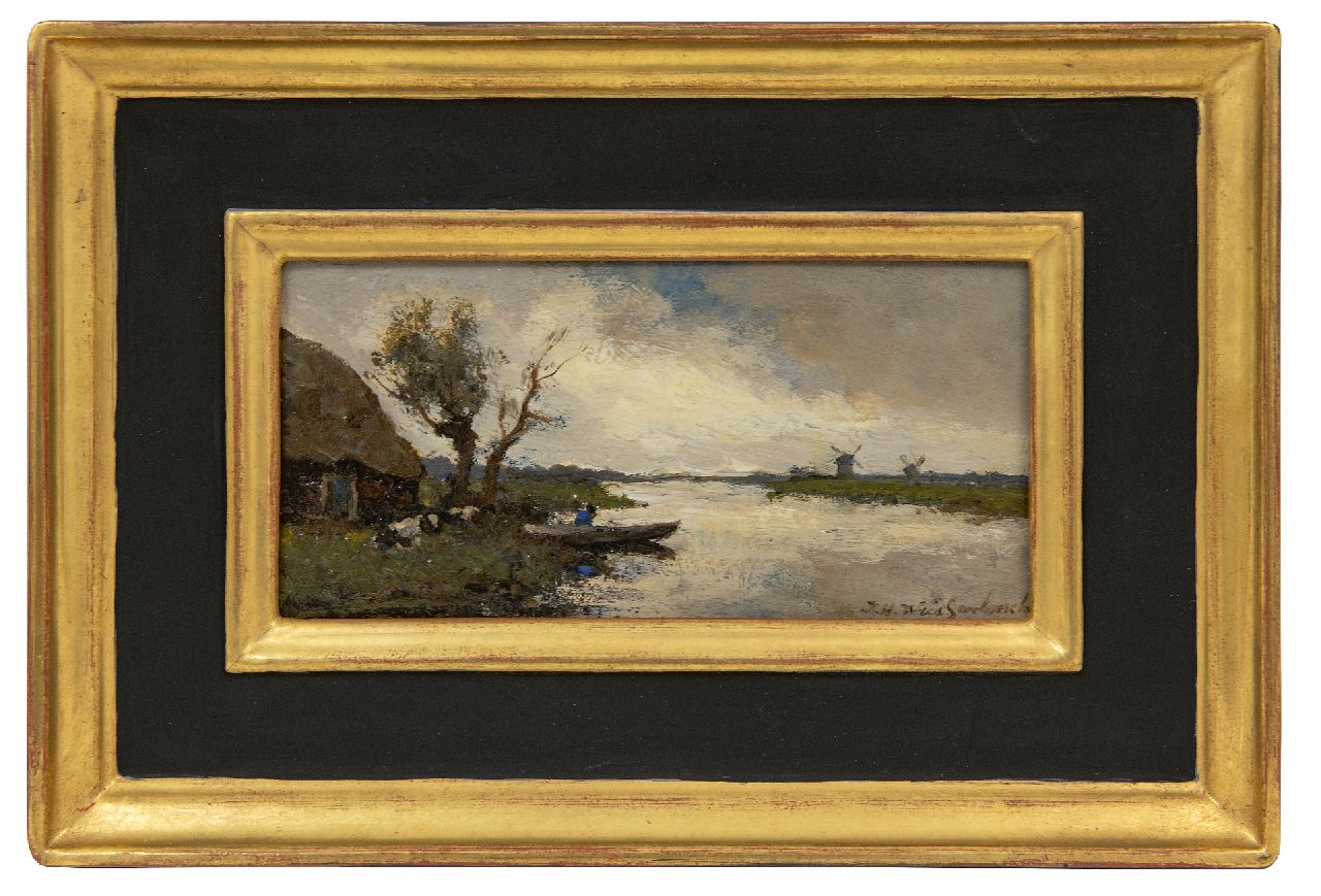 Weissenbruch H.J.  | Hendrik Johannes 'J.H.' Weissenbruch | Schilderijen te koop aangeboden | Polderlandschap bij buiig weer, olieverf op paneel 9,9 x 20,0 cm, gesigneerd rechtsonder