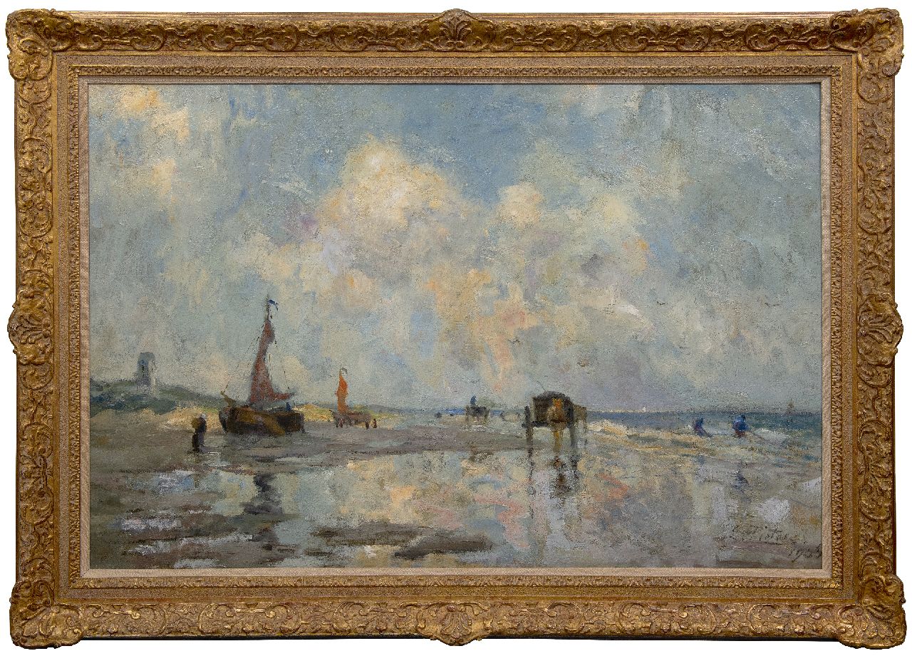 Pieters E.  | Evert Pieters | Schilderijen te koop aangeboden | Strand bij Katwijk met bomschuiten en schelpenvissers, olieverf op doek 85,5 x 130,2 cm, gesigneerd rechtsonder en gedateerd 1906