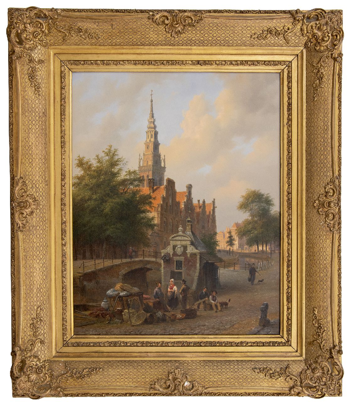 Hove B.J. van | Bartholomeus Johannes 'Bart' van Hove | Schilderijen te koop aangeboden | Stadsgezicht met op de voorgrond een antiekhandelaar, olieverf op paneel 50,1 x 39,6 cm, gesigneerd linksonder en gedateerd 1844