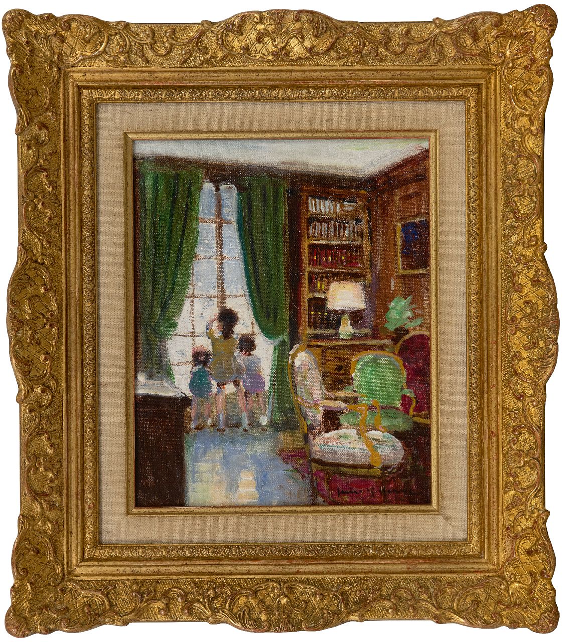 Hervé J.R.  | Jules René Hervé | Schilderijen te koop aangeboden | Enfants fenêtré, olieverf op doek 27,4 x 22,4 cm, gesigneerd rechtsonder en verso en verkocht