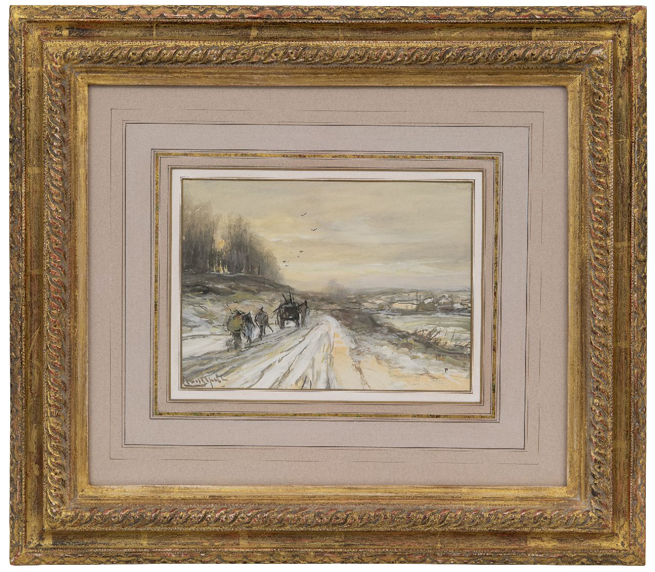 Apol L.F.H.  | Lodewijk Franciscus Hendrik 'Louis' Apol, Paard en wagen in een winterlandschap, gouache op papier 16,0 x 21,9 cm, gesigneerd linksonder