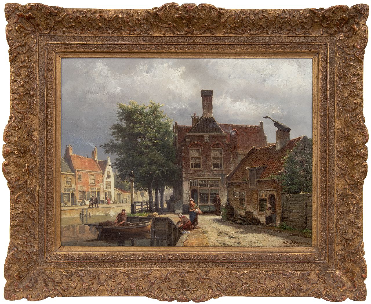 Koekkoek W.  | Willem Koekkoek, Grachtje in Haarlem, olieverf op paneel 41,7 x 56,2 cm, gesigneerd rechtsonder en verso gedateerd 1877