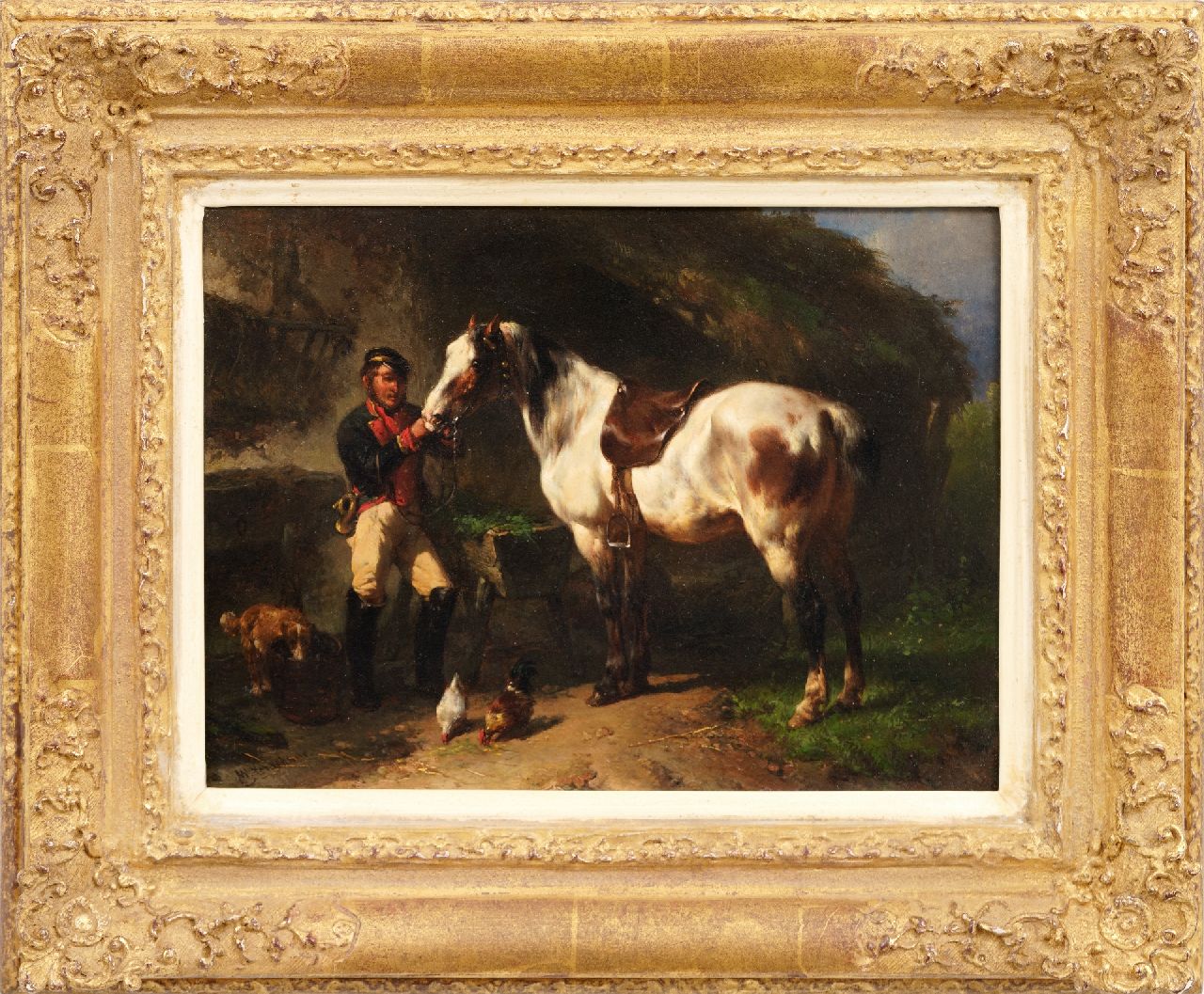 Verschuur W.  | Wouterus Verschuur | Schilderijen te koop aangeboden | Postiljon met hoorn verzorgt zijn paard, olieverf op paneel 19,5 x 26,1 cm, gesigneerd linksonder